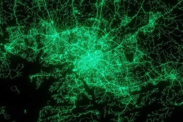 Map of the streets of Turku (Finland) made with green illumination and glow effect. Top view on roads network. 3d render, illustration