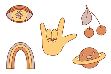 Retro 70s groovy elements. Cartoon rainbow, eye, hand, cherry, planet. Hippie sticker vector set.