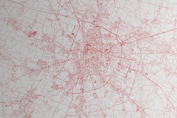 Obraz premium Map of the streets of Padua (Italy) made with red lines on white paper. 3d render, illustration