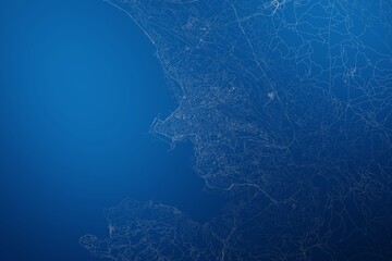 Stylized map of the streets of Trieste (Italy) made with white lines on abstract blue background lit by two lights. Top view. 3d render, illustration