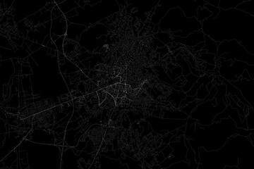 Stylized map of the streets of Pristina (Kosovo) made with white lines on black background. Top view. 3d render, illustration