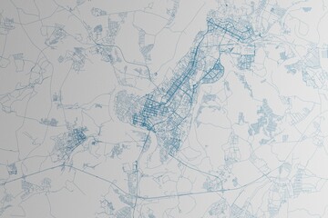 Map of the streets of Ufa (Russia) made with blue lines on white paper. 3d render, illustration