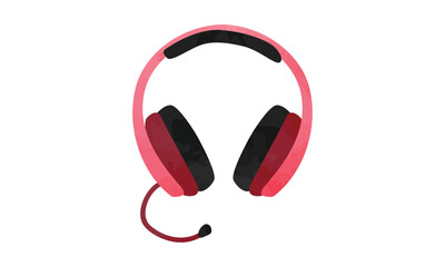 Headphones clipart. Simple red headphones with microphone watercolor style vector illustration isolated on white. Minimalist over-ear headphones cartoon hand drawn doodle style. For business or music