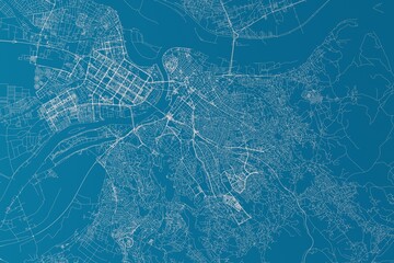 Map of the streets of Belgrade (Serbia) made with white lines on blue background. 3d render, illustration