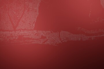 Map of the streets of Cotonou (Benin) made with white lines on abstract red background lit by two lights. Top view. 3d render, illustration