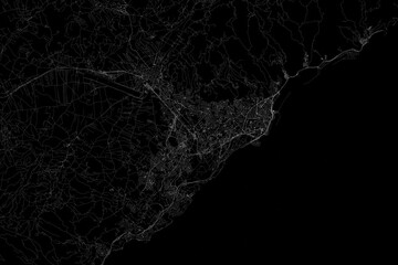 Stylized map of the streets of Santa Cruz de Tenerife (Canary islands, Spain) made with white lines on black background. Top view. 3d render, illustration