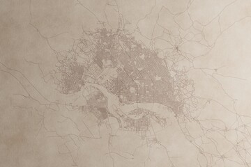 Map of N'Djamena (Chad) on an old vintage sheet of paper. Retro style grunge paper with light coming from right. 3d render