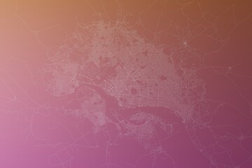 Obraz premium Map of the streets of N'Djamena (Chad) made with white lines on pinkish red gradient background. Top view. 3d render, illustration