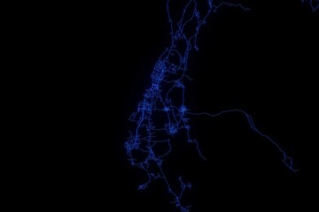 Street map of Moroni (Comores) made with blue illumination and glow effect. Top view on roads network