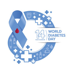 world diabetes day - red drop blood buttons on blue ribbon are roll made blue ring circle symbol with cross sign and icons about diabetes texture vector design