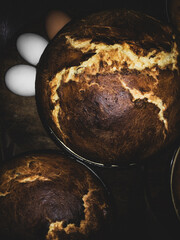 Fresh baked bread. Delicious homemade bread and eggs