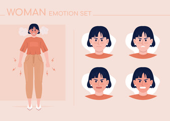 Angry young woman semi flat color character emotions set. Editable facial expressions. Furious lady vector style illustration for motion graphic design and animation. Comfortaa font used