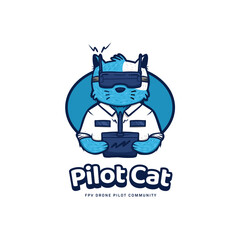 Pilot cat fpv drone pilot community logo icon with blue cat mascot cartoon character