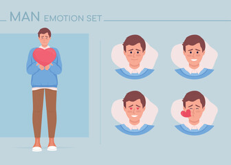 Obraz premium Loving young man semi flat color character emotions set. Editable facial expressions. Affection vector style illustration for motion graphic design and animation. Comfortaa font used