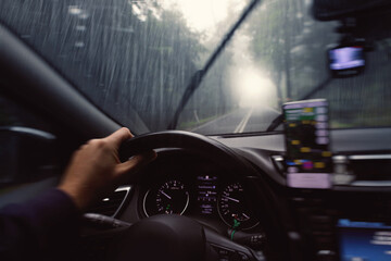 driving a car in heavy rain - obrazy, fototapety, plakaty