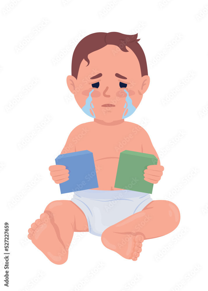 Poster crying baby with toy blocks semi flat color vector character. editable figure. full body person on w