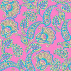 Fototapeta na wymiar Seamless Paisley pattern in indian batik style. Floral vector illustration