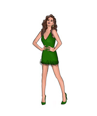 A young woman with long dark wavy hair stands and poses. A slender girl in a cocktail short dress of green color and high-heeled shoes. Illustration