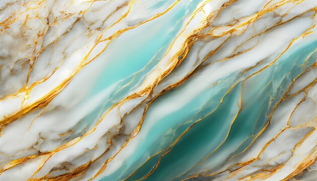 Marble acrylic fluid texture in turquoise colors wuth golden splashes.  AI