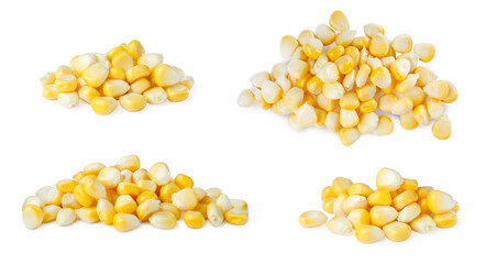 Set with tasty corn kernels on white background