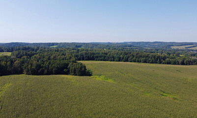 Aerial view of agro rural fields. Harvesting on the farm landscape
