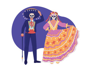 Day of dead 2D vector isolated illustration. Couple in mexican costumes flat characters on cartoon background. Traditional masquerade colourful editable scene for mobile, website, presentation