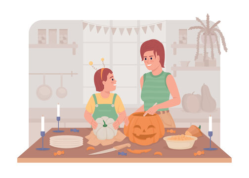 Carving pumpkins 2D vector isolated illustration. Mother and daughter preparing for holiday flat characters on cartoon background. Halloween colourful editable scene for mobile, website, presentation