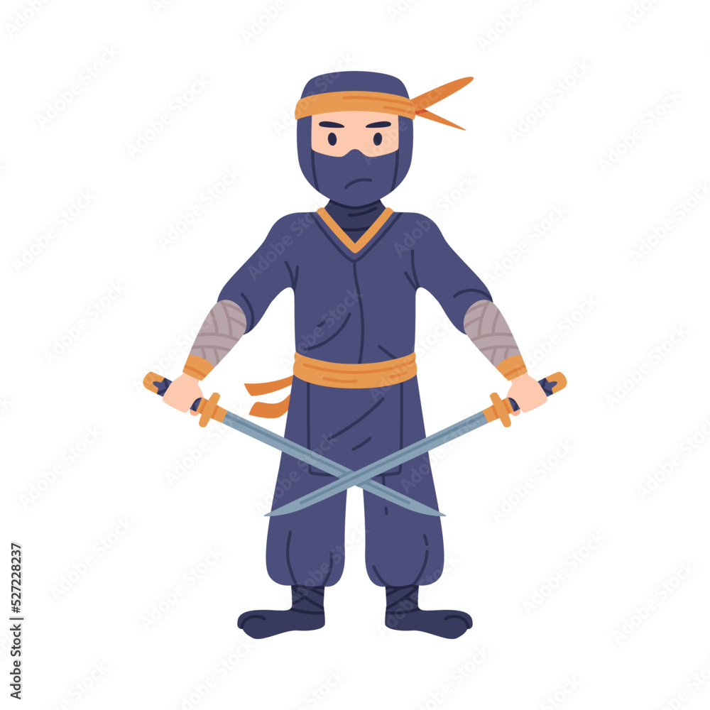 Sticker Ninja or Shinobi Character as Japanese Covert Agent or Mercenary in Shozoku Disguise Costume with Sword in Fighting Pose Vector Illustration