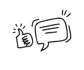 Doodle thumb up arrow and bubble speech symbol for like share and comment. Hand drawn illustration