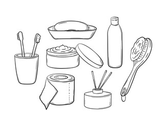 A selection of hygiene items for the bathroom and toilet.
Medical and hygiene goods. Vector isolated illustration in sketch style.