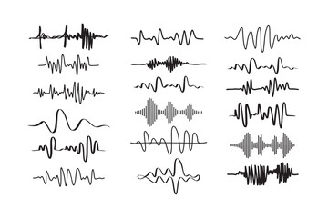 Sound waves. Doodle audio frequency, radio signal, voice line waveform, volume music level symbol