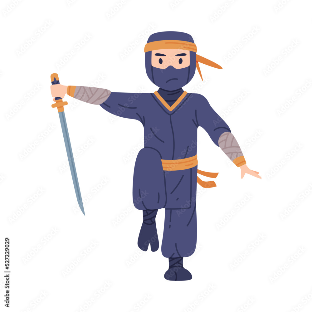 Sticker Ninja or Shinobi Character as Japanese Covert Agent or Mercenary in Shozoku Disguise Costume with Sword in Fighting Pose Vector Illustration