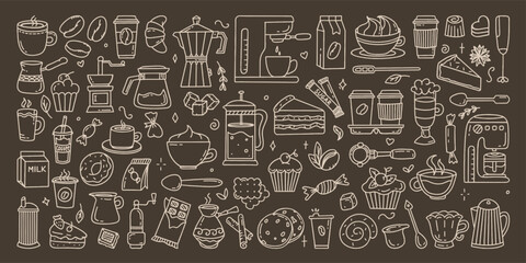 A large set of elements for a coffee shop To use for posters banners postcards and packaging design Vector illustration in the style of hand-drawn