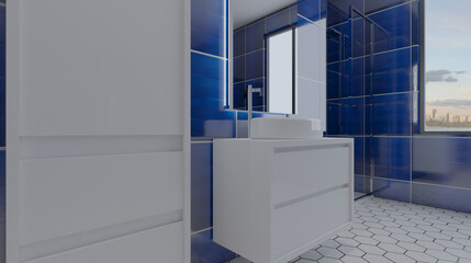 Spacious bathroom in gray tones with heated floors, freestanding tub. 3D rendering.  