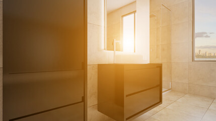 Modern bathroom including bath and sink. 3D rendering.. Sunset.