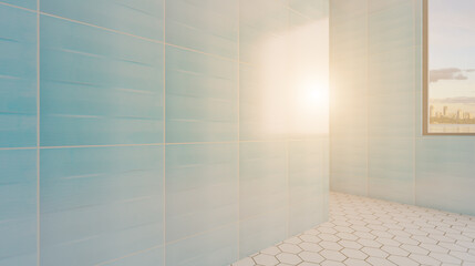 Bathroom interior bathtub. 3D rendering.. Sunset.