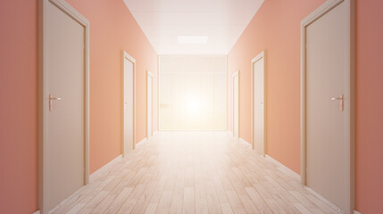 The Corridor in office building. 3D rendering. Sunset