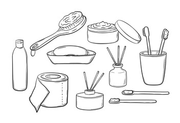 A selection of hygiene items for the bathroom and toilet.
Medical and hygiene goods. Vector isolated illustration in sketch style.