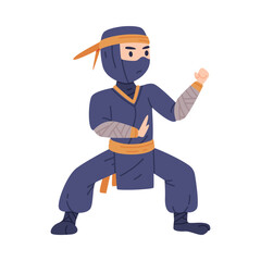 Ninja or Shinobi Character as Japanese Covert Agent or Mercenary in Shozoku Disguise Costume in Fighting Pose Vector Illustration