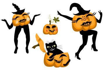 Dancing pumpkins, muzzle on pumpkin for halloween. Black smiling cat.