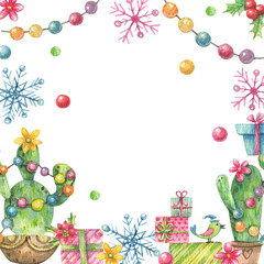 Cartoon frame with New Year's decorated cactus, snowflakes, garland, gifts. Christmas, New Year in warm countries, festive background. New Year illustration for southern countries.