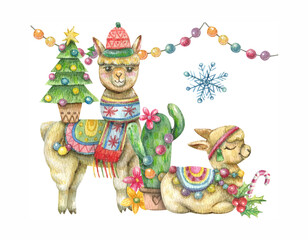 Cartoon illustration with cute beanie alpaca, new year decorated cactus, snowflakes, garland, gifts. Christmas, New Year in warm countries. New Year illustration for southern countries.