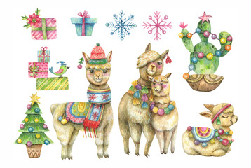 Fototapeta premium Watercolor set in cartoon new year style. Cute alpacas, gift boxes, dressed up cactus, Christmas tree, holiday patterns and snowflakes.