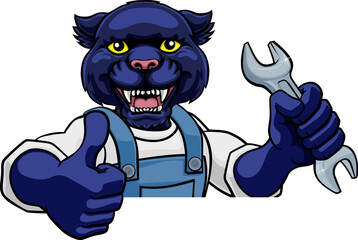 A panther cartoon animal mascot plumber, mechanic or handyman builder construction maintenance contractor peeking around a sign holding a spanner or wrench and giving a thumbs up