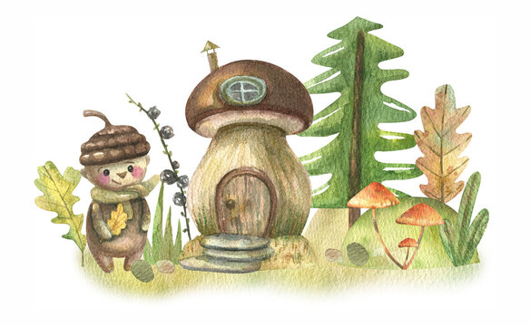Cartoon mushroom house, forest herbs, flowers, trees and a lively revived acorn-boy, painted in watercolor. Watercolor illustration of a fabulous autumn forest.