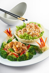 Stir fried prawn and mayonnaise salad prawn with beautiful decoration dressing 