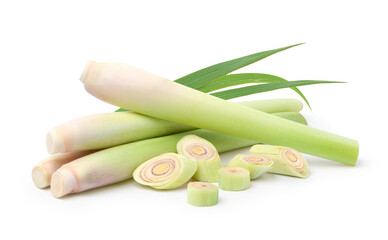 Fresh lemongrass with slices and leaves isolated on white background. Clipping path