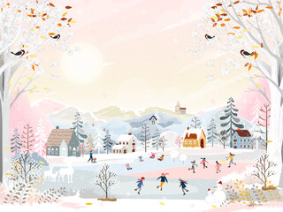 Panorama Winter landscape, Christmas and new year celebrating in city,Vector of horizontal banner winter wonderland in the town with happy kids sledding and playing ice skates in the park