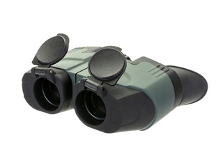 Modern compact binoculars with open eyepieces, rubber coated, front view. Dark grey and green color. Isolated on white background.