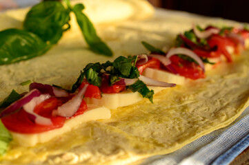 Tasty pita with tomato and onion.
